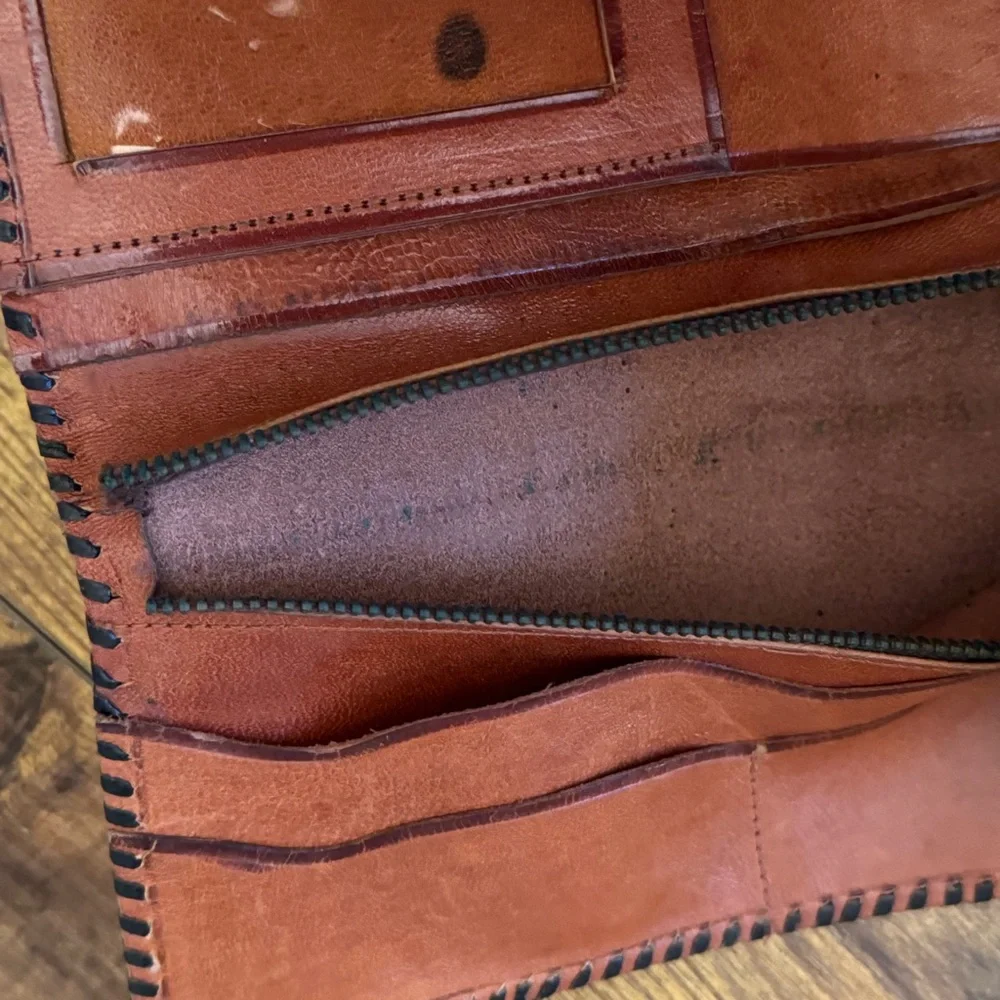 Hand Tooled‎ Brown Leather Aztec Calendar Long Wallet